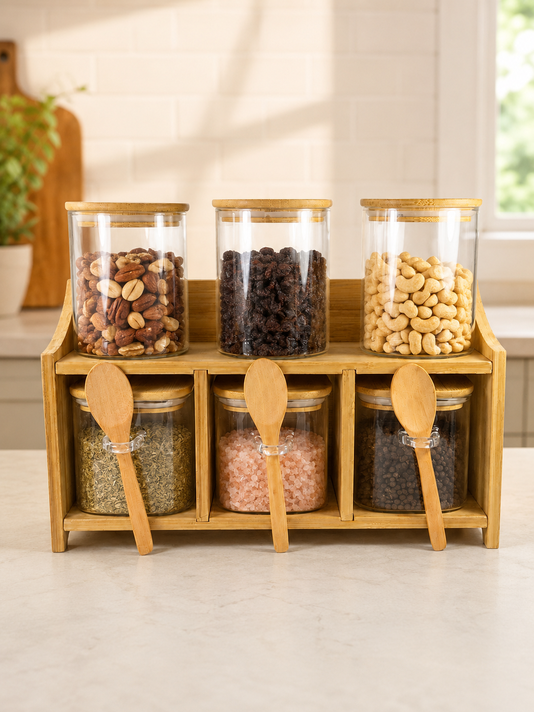Juego De Frasco De Vidrio Con Tapa De Bambú Glass Food Storage